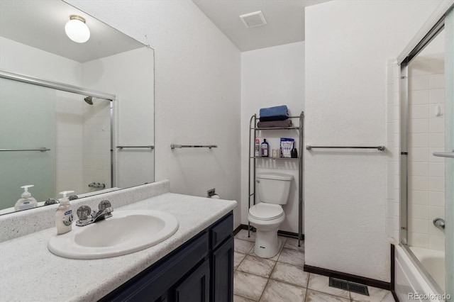 full bath featuring baseboards, visible vents, vanity, and toilet