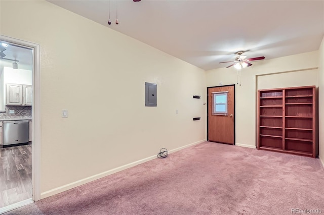 4222 S Blackhawk Cir Unit 6G, Aurora, CO 80014 - entryway featuring a ceiling fan, electric panel, baseboards, and light colored carpet
