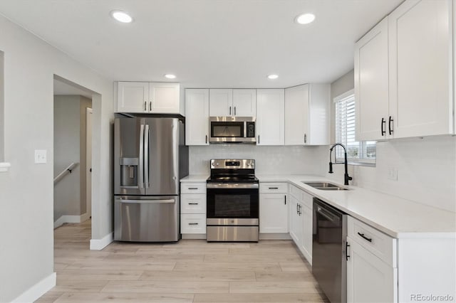 kitchen with appliances with stainless steel finishes, white cabinetry, backsplash, and sink