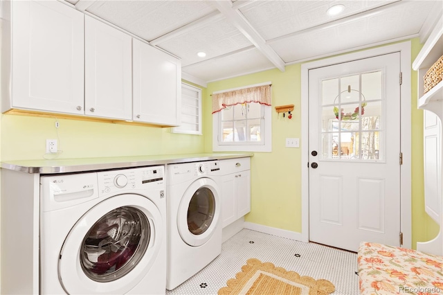 7835 Valley View St, Louviers, CO 80131 - laundry room with cabinet space, independent washer and dryer, light tile patterned floors, recessed lighting, and baseboards