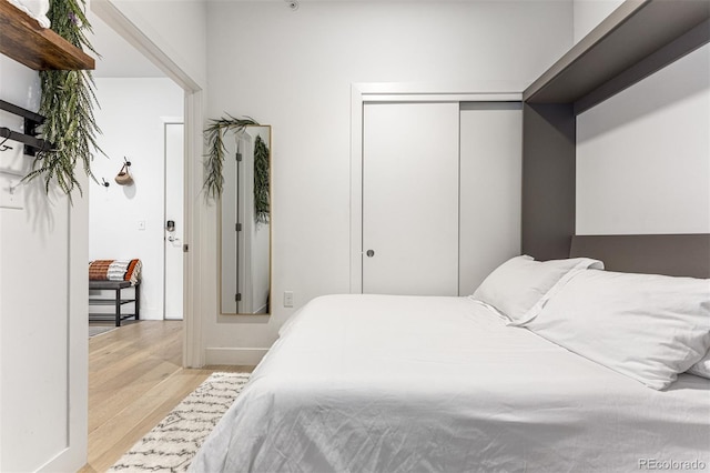 bedroom featuring light hardwood / wood-style flooring and a closet