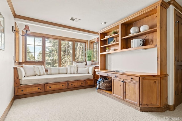 living area featuring light carpet, baseboards, and visible vents