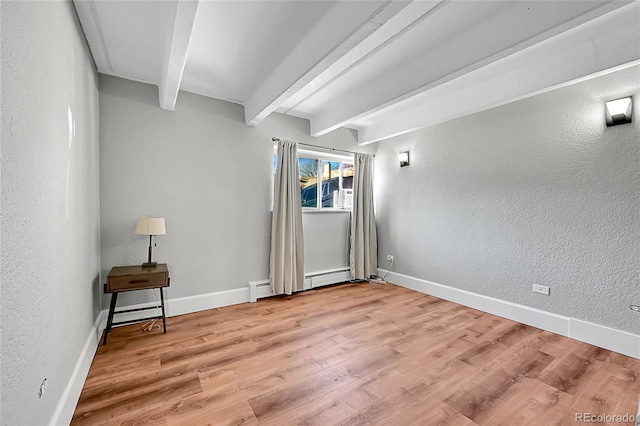 empty room with light wood-type flooring, baseboards, beamed ceiling, and a textured wall