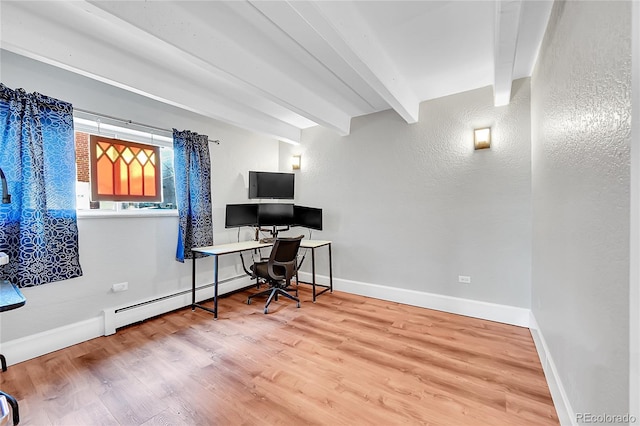 office with baseboard heating, beam ceiling, and hardwood / wood-style flooring