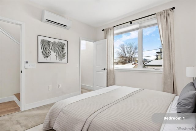 bedroom featuring light colored carpet and a wall mounted AC