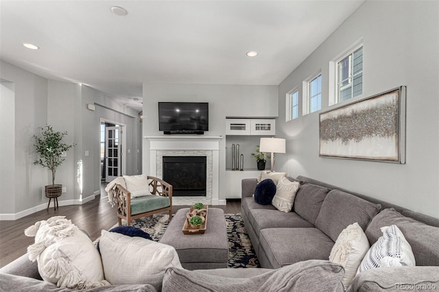 living room featuring dark wood-type flooring