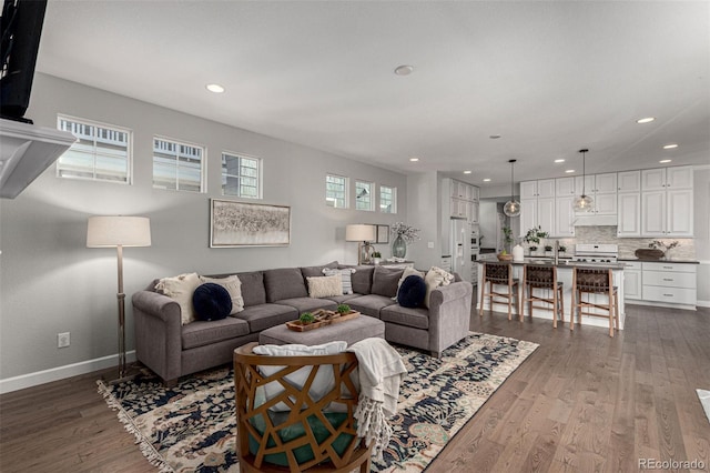 living room featuring dark wood-type flooring and sink