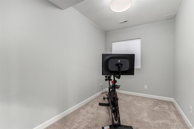 exercise area featuring carpet floors and a textured ceiling