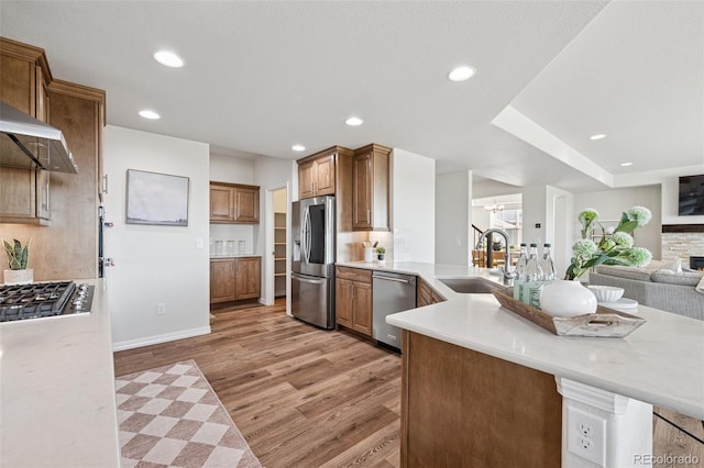 1871 Walnut Creek Ct, Colorado Springs, CO 80921 - kitchen featuring appliances with stainless steel finishes, light wood-type flooring, open floor plan, a peninsula, and recessed lighting