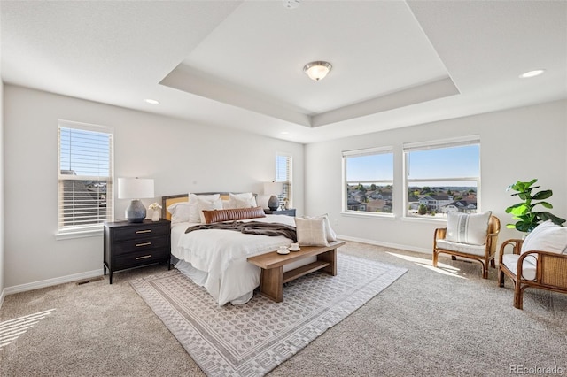 1871 Walnut Creek Ct, Colorado Springs, CO 80921 - bedroom with multiple windows, light colored carpet, a raised ceiling, and recessed lighting