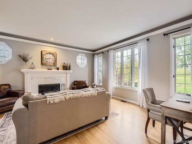 18963 E Long Ave, Centennial, CO 80016 - living room with light wood-style flooring, a tile fireplace, crown molding, and baseboards