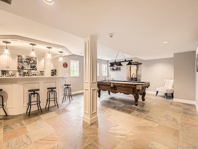 18963 E Long Ave, Centennial, CO 80016 - game room with baseboards, pool table, bar area, recessed lighting, and decorative columns