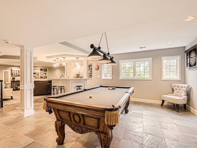18963 E Long Ave, Centennial, CO 80016 - playroom featuring baseboards, ornate columns, recessed lighting, billiards table, and stone tile floors