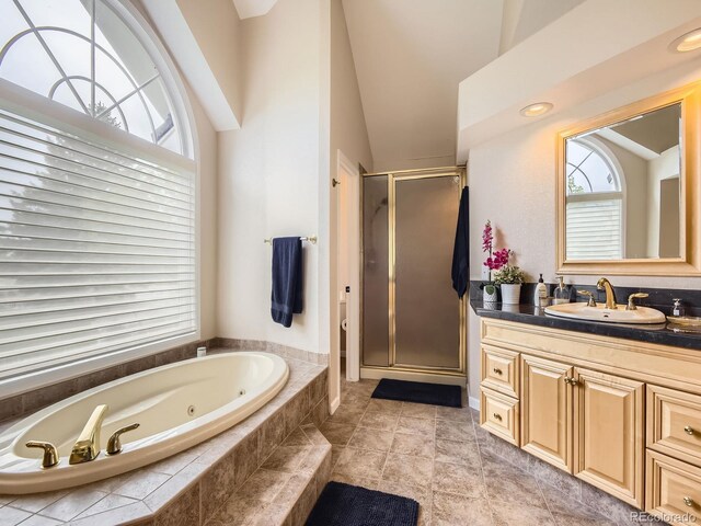 18963 E Long Ave, Centennial, CO 80016 - full bath with a whirlpool tub, a shower stall, vanity, and lofted ceiling