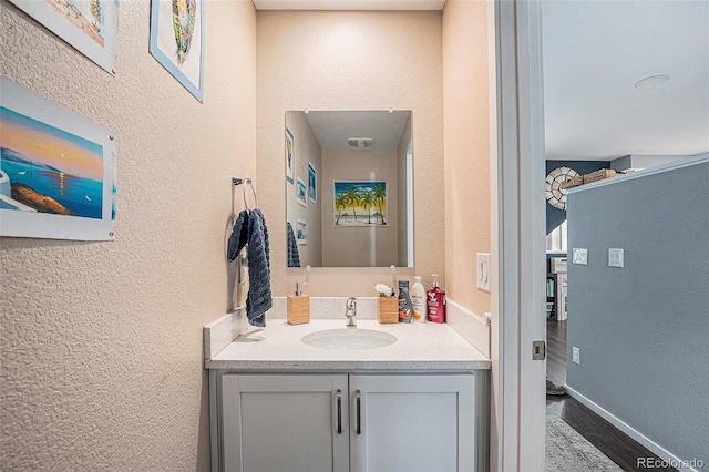 bathroom with hardwood / wood-style floors and vanity