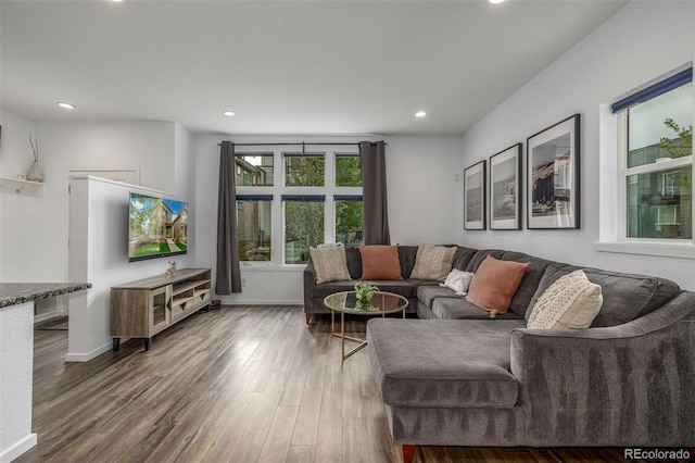 1754 W 66th Ave, Denver, CO 80221 - living room featuring wood finished floors, recessed lighting, and baseboards