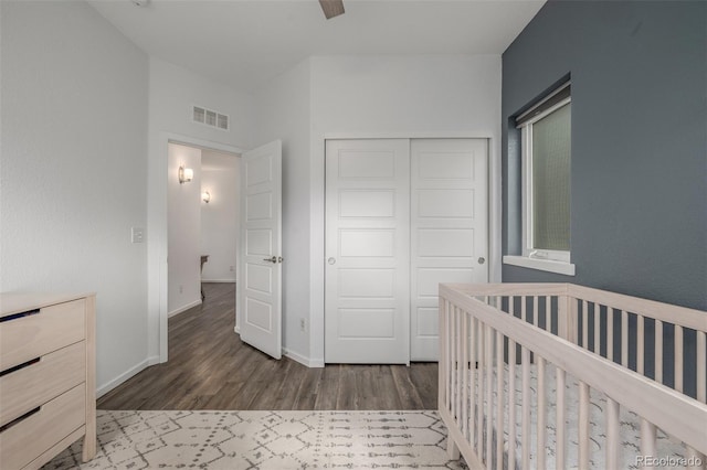 1754 W 66th Ave, Denver, CO 80221 - bedroom with wood finished floors, a closet, baseboards, a nursery area, and a ceiling fan