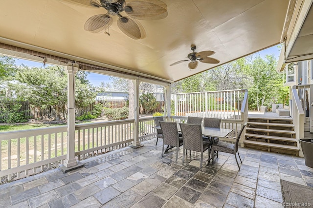 1973 S Pitkin St, Aurora, CO 80013 - view of patio featuring outdoor dining space, ceiling fan, and a fenced backyard