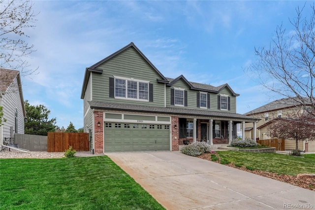 craftsman inspired home with a porch, driveway, brick siding, fence, and an attached garage