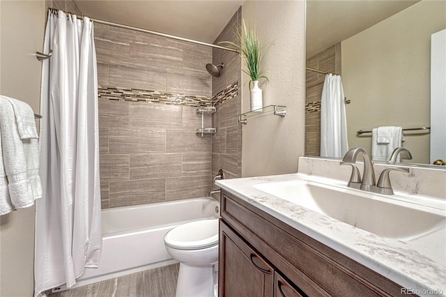 full bathroom with vanity, toilet, shower / bathtub combination with curtain, and wood finished floors