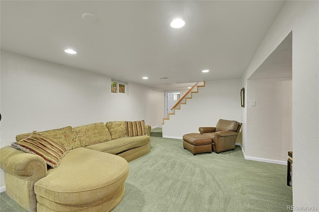 5047 S Mabre Ct, Littleton, CO 80123 - living area with stairs, carpet flooring, and recessed lighting