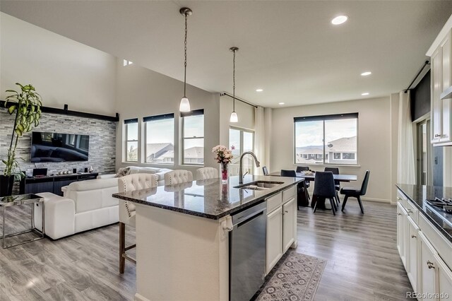 kitchen with dishwasher, a sink, plenty of natural light, light wood-style floors, and recessed lighting