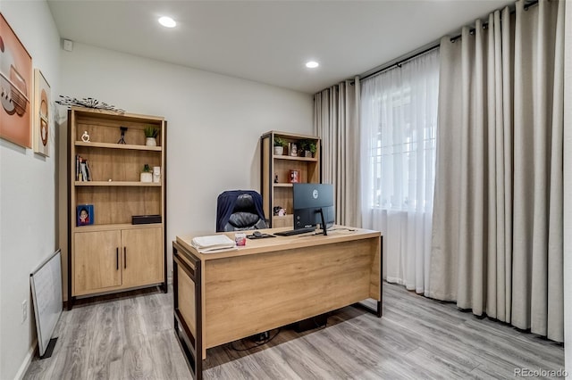 office featuring light wood-style floors and recessed lighting