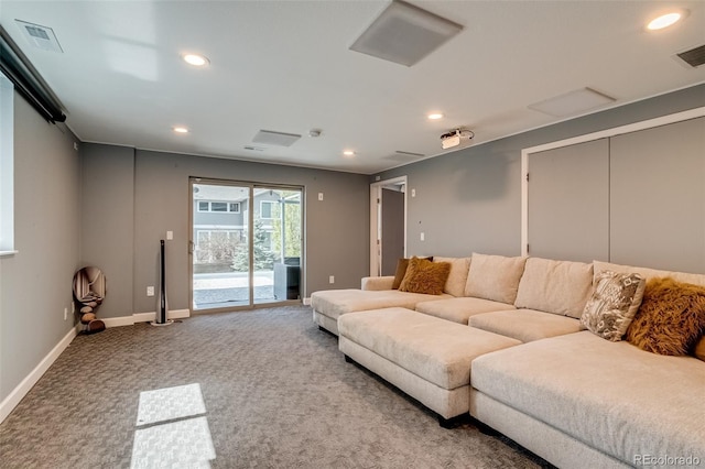 living area featuring recessed lighting, carpet flooring, and baseboards