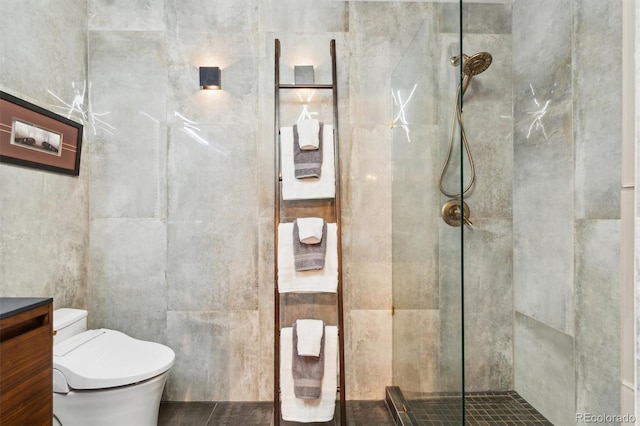 1720 Wazee St Unit 2B, Denver, CO 80202 - full bathroom with a tile shower, tile walls, and vanity