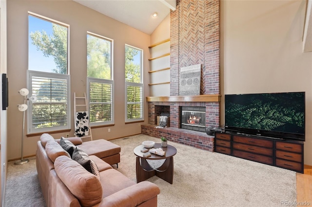 9447 Chesapeake St, Highlands Ranch, CO 80126 - carpeted living area with high vaulted ceiling and a fireplace