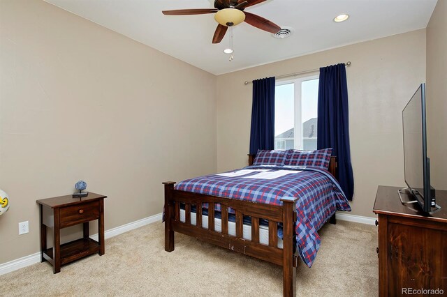 14022 E Fair Pl, Centennial, CO 80111 - bedroom featuring light colored carpet, baseboards, recessed lighting, and ceiling fan
