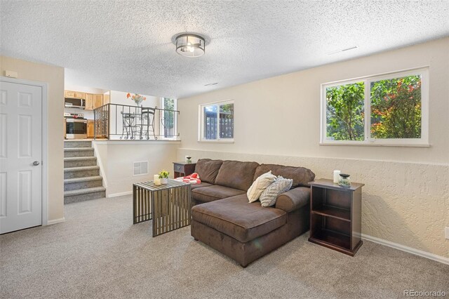 4589 S Sleepy Hollow Cir, Colorado Springs, CO 80917 - carpeted living area with healthy amount of natural light, a textured ceiling, and stairs