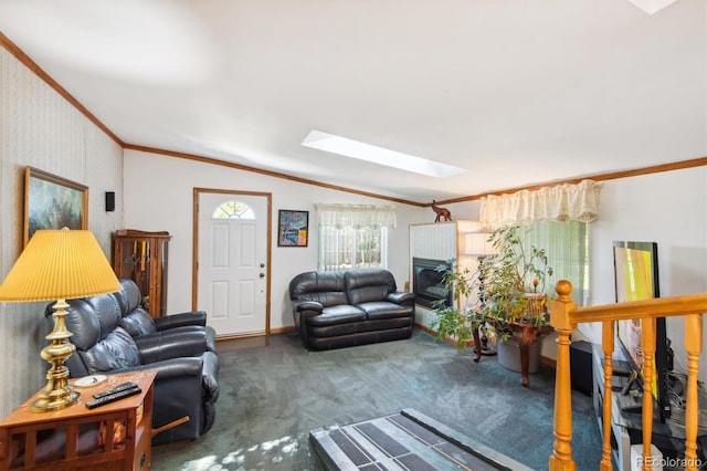 1922 Graves Ct, Northglenn, CO 80233 - carpeted living room featuring crown molding, a skylight, and vaulted ceiling