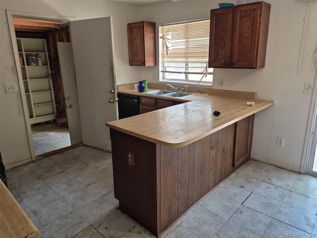 18249 E Mexico Pl, Aurora, CO 80017 - kitchen featuring a sink, light countertops, dishwasher, a peninsula, and light tile patterned floors