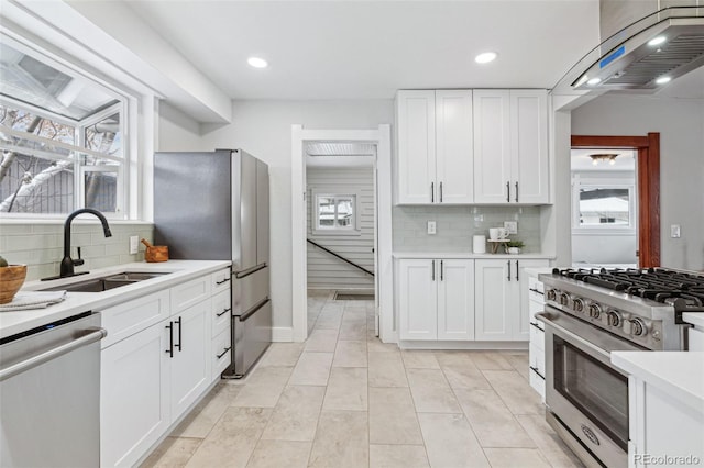 kitchen with sink, stainless steel appliances, ventilation hood, decorative backsplash, and white cabinets