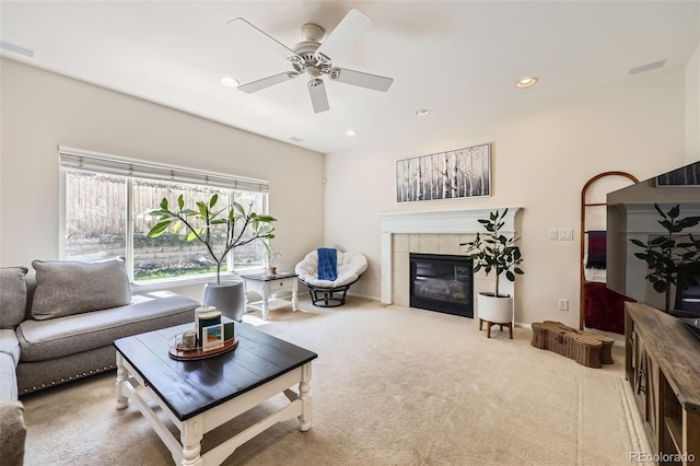 3744 Gypsum Ct, Superior, CO 80027 - living room with carpet flooring, recessed lighting, ceiling fan, and a tiled fireplace