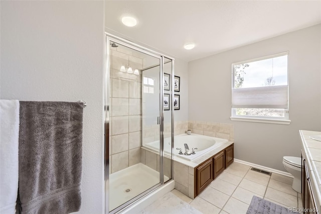 3744 Gypsum Ct, Superior, CO 80027 - bathroom featuring a bath, visible vents, tile patterned flooring, a stall shower, and vanity