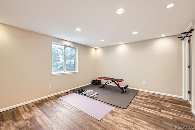3744 Gypsum Ct, Superior, CO 80027 - workout room featuring recessed lighting, baseboards, and wood finished floors