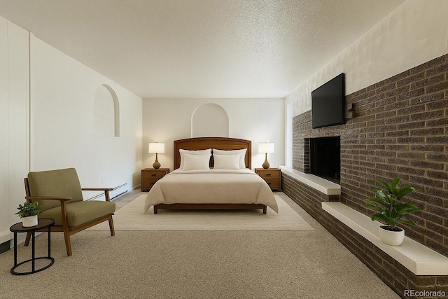 6600 E 76th Pl, Commerce City, CO 80022 - bedroom with a baseboard heating unit, a textured ceiling, a fireplace, and carpet