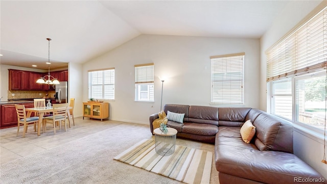 14230 Lakeview Ln, Broomfield, CO 80023 - living area featuring a chandelier, lofted ceiling, light colored carpet, light tile patterned floors, and recessed lighting