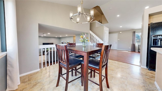 dining room with baseboards, stairway, recessed lighting, and a notable chandelier