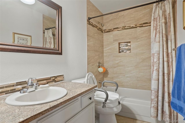 full bathroom featuring tasteful backsplash, vanity, shower / bath combo with shower curtain, tile patterned flooring, and toilet