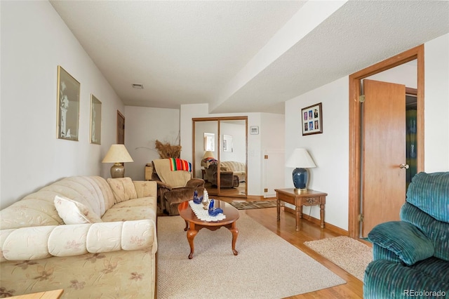 living room featuring hardwood / wood-style floors and a textured ceiling