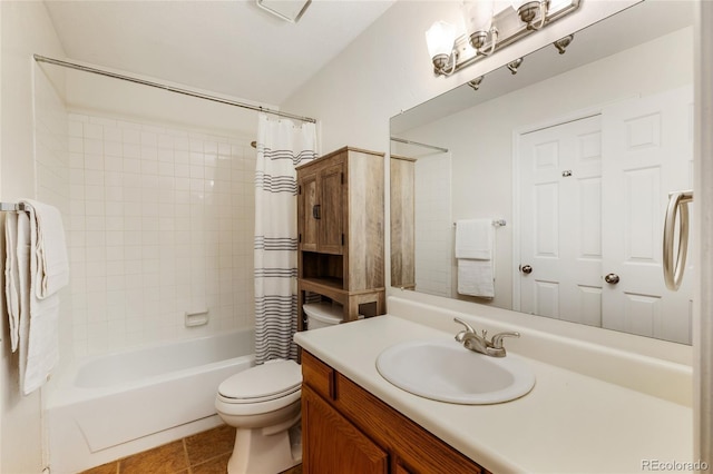 full bath with toilet, vanity, tile patterned flooring, and shower / tub combo with curtain