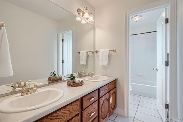 6335 Oberon Rd, Arvada, CO 80004 - bathroom with double vanity, tile patterned flooring, toilet, and shower / bath combination