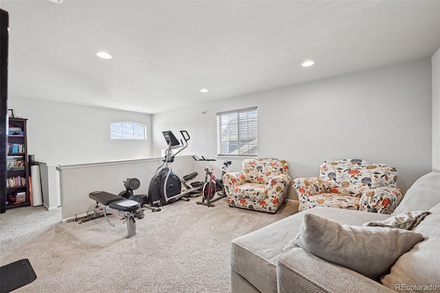 workout room with carpet and recessed lighting