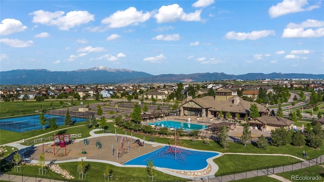 aerial view featuring a residential view and a mountain view