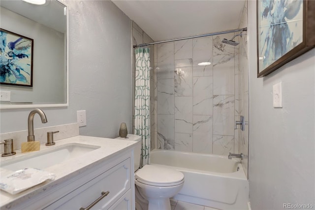 full bathroom featuring tile patterned flooring, vanity, toilet, and shower / bathtub combination with curtain