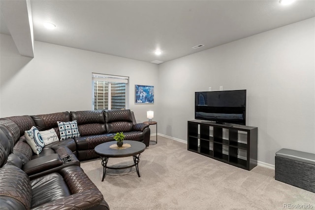 living room with light colored carpet