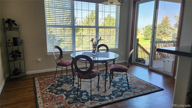 dining area with plenty of natural light, baseboards, and wood finished floors